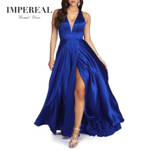 Long Halter Maxi Side Slit Backless Royal Blue Prom Satin Silk Evening Dress